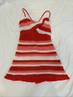 SHEIN Red Pink White Striped Crochet Swim Coverup Mini